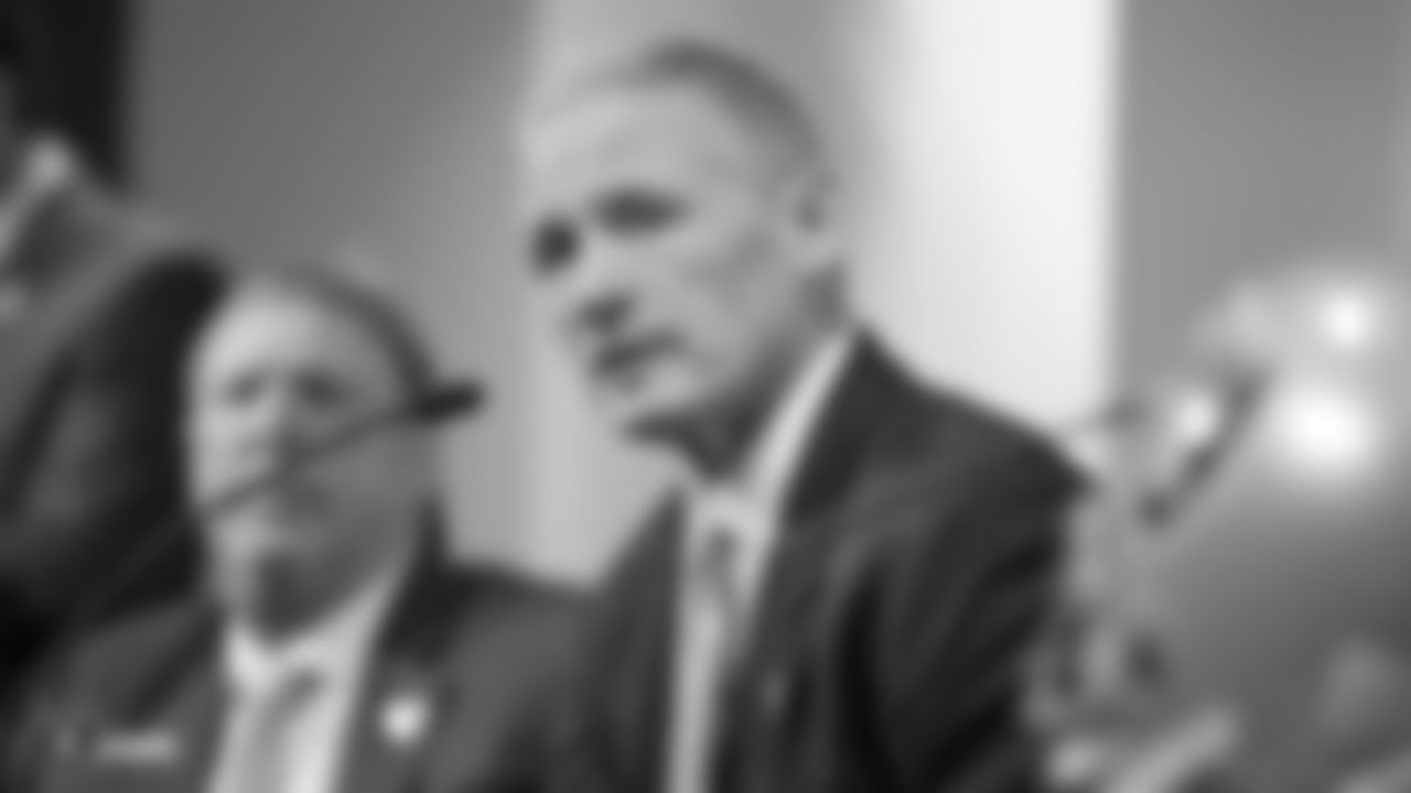Oakland Raiders owner Mark Davis and head coach Jon Gruden introduce Mike Mayock as the general manager of the Oakland Raiders at a press conference, Monday, December 31, 2018, in Alameda, California.