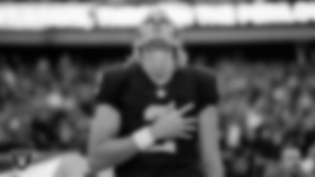Las Vegas Raiders kicker Daniel Carlson (2) during the national anthem before the regular season home game against the Indianapolis Colts at Allegiant Stadium.