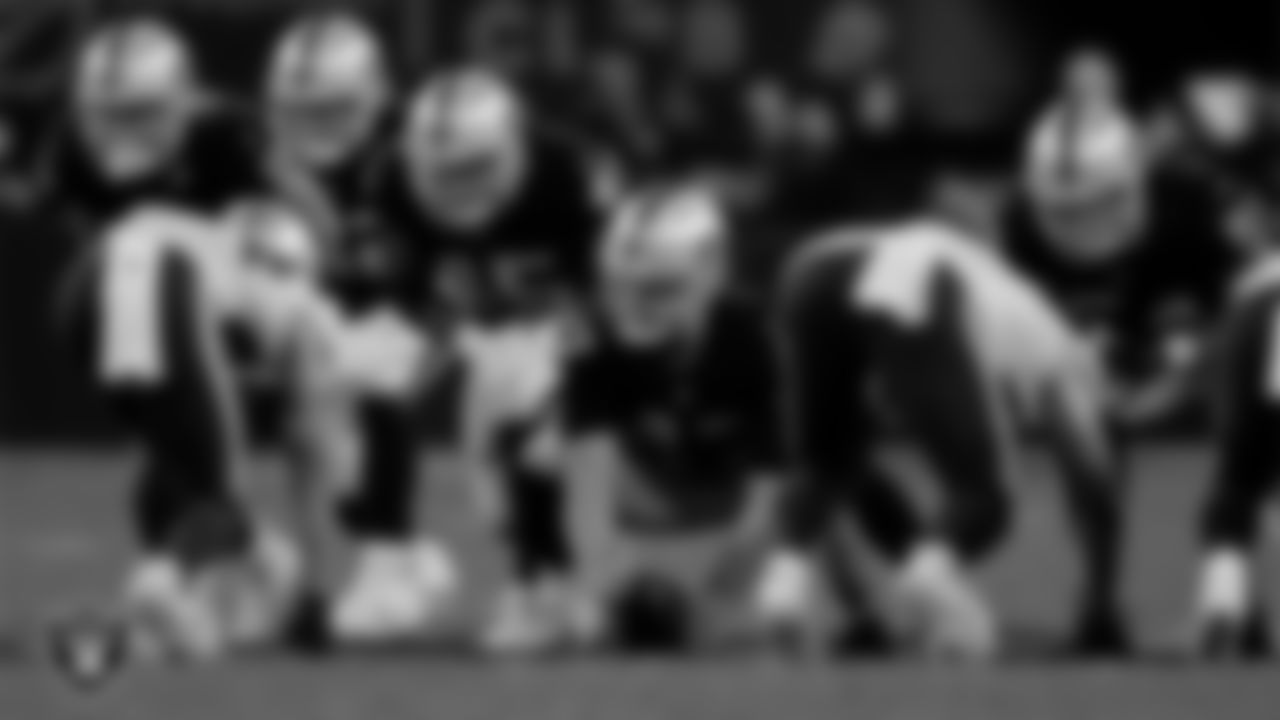 Las Vegas Raiders tight end Jesper Horsted (80), fullback Jakob Johnson (45), long snapper Trent Sieg (47) and defensive end Zach VanValkenburg (54) during the preseason home game against the New England Patriots at Allegiant Stadium.