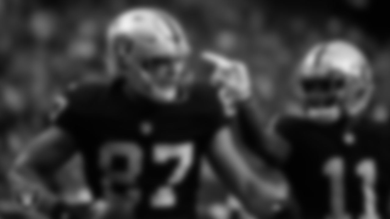 Las Vegas Raiders tight end Foster Moreau (87) celebrates after making an 18-yard touchdown catch during the regular season home game against the Philadelphia Eagles.