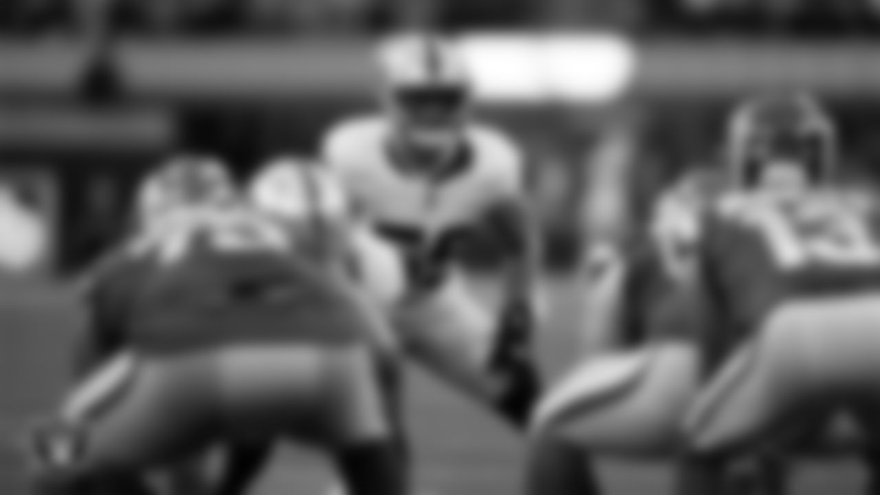 Las Vegas Raiders linebacker Luke Masterson (59) lines up before the snap during the preseason away game against the Los Angeles Rams at Sofi Stadium.