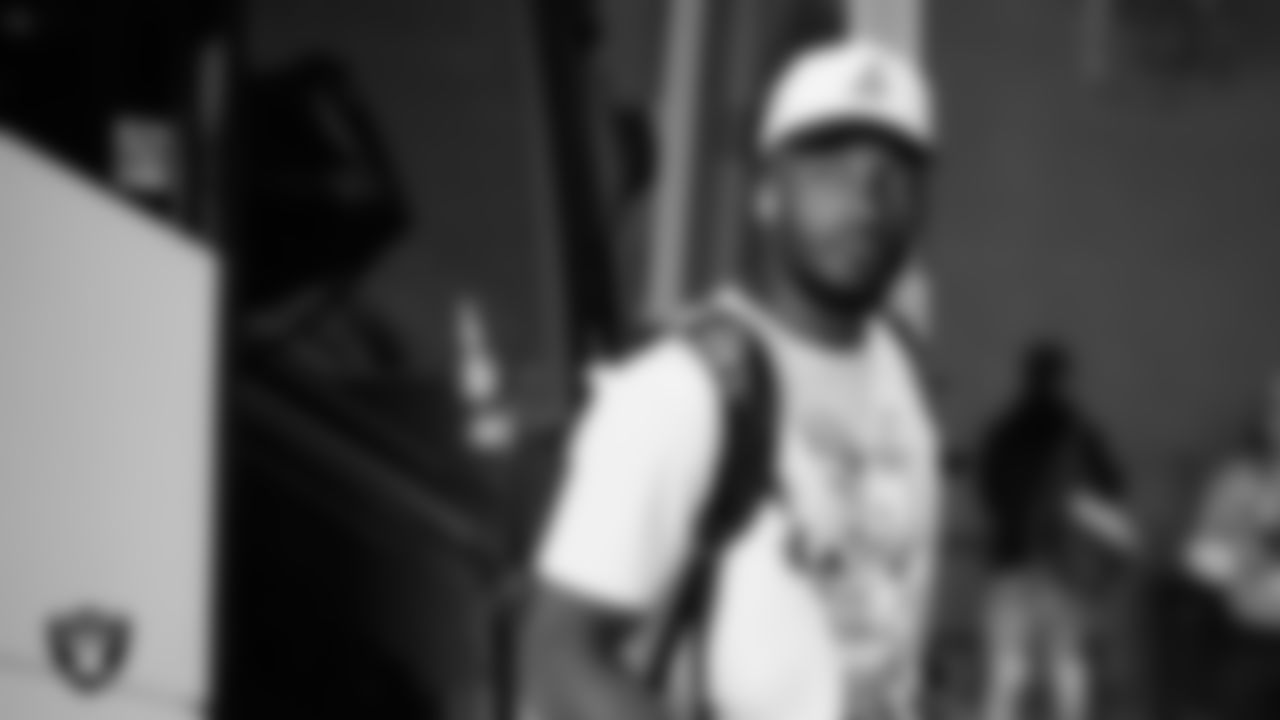 Las Vegas Raiders cornerback Sam Webb (27) arrives to the regular season home game against the Houston Texans at Allegiant Stadium.