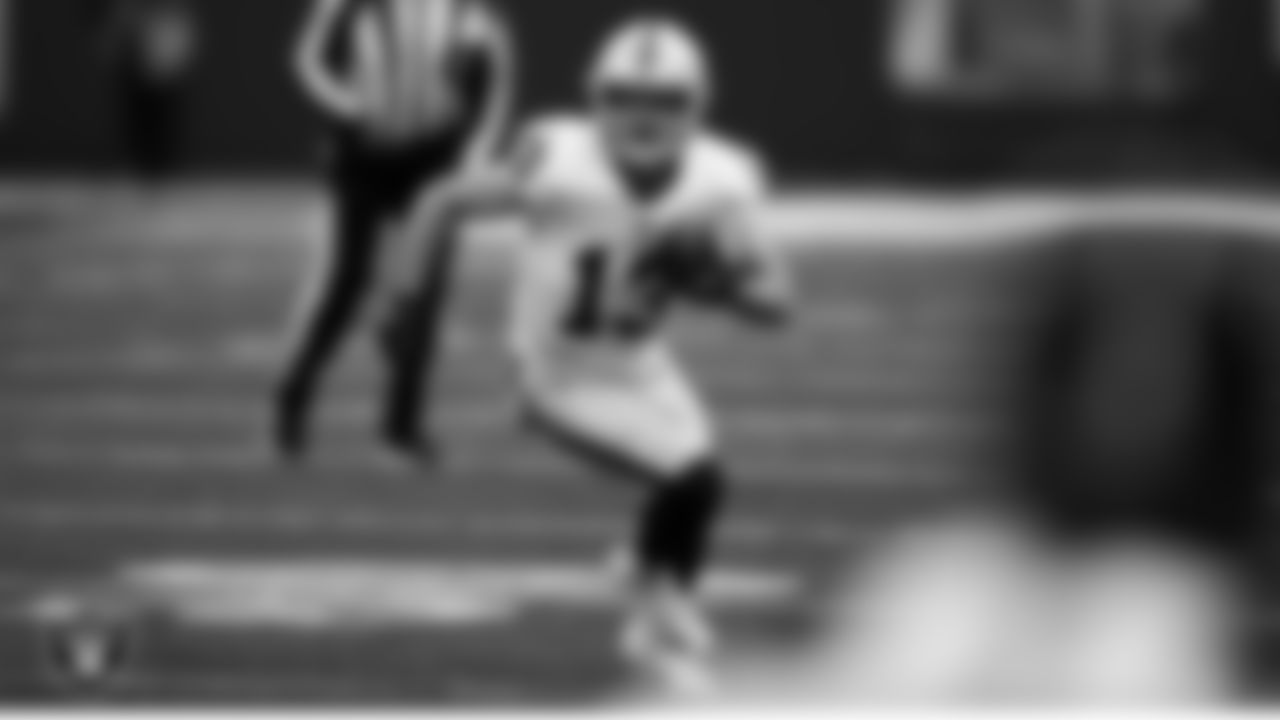 Las Vegas Raiders wide receiver Hunter Renfrow (13) runs after making a catch during the regular season away game against the New York Giants.
