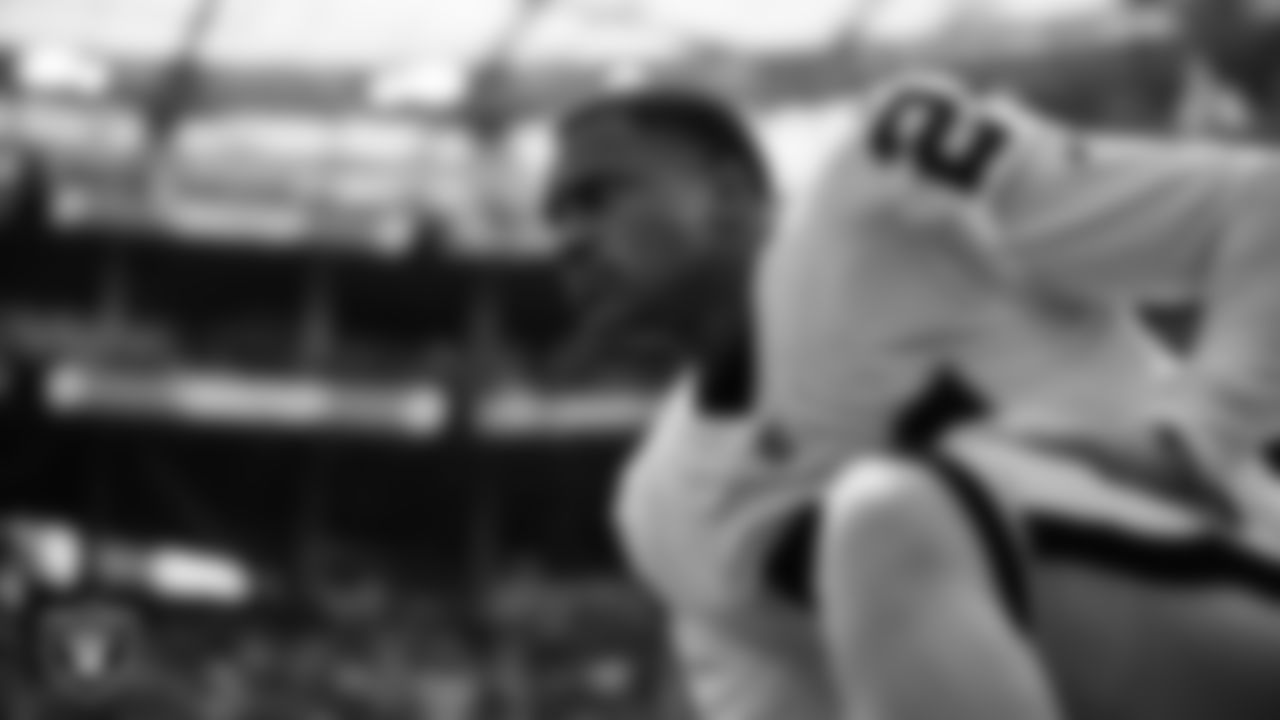 Las Vegas Raiders safety Johnathan Abram (24) warming up before the regular season away game against the Los Angeles Chargers at SoFi Stadium.