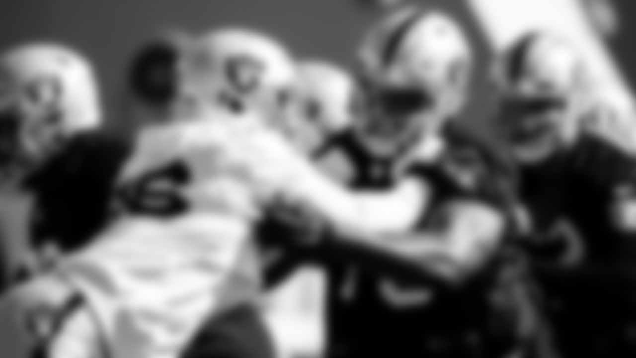 Las Vegas Raiders tackle Brandon Parker (75) during practice.