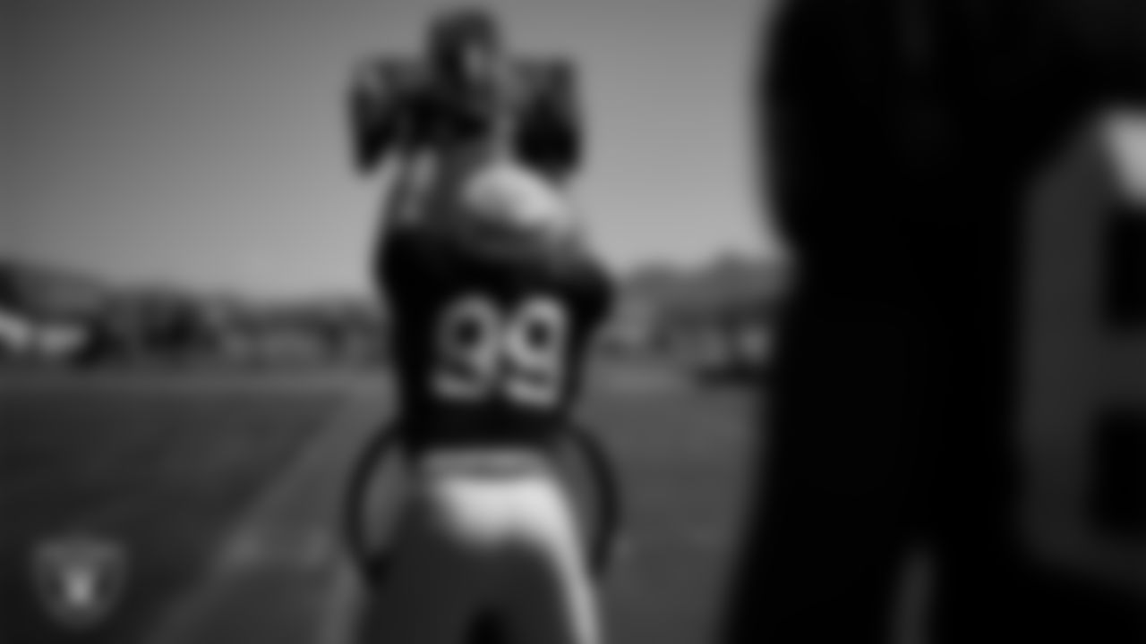 Las Vegas Raiders defensive end Jordan Willis (99) on the field for practice at 2023 Training Camp at Intermountain Health Performance Center.
