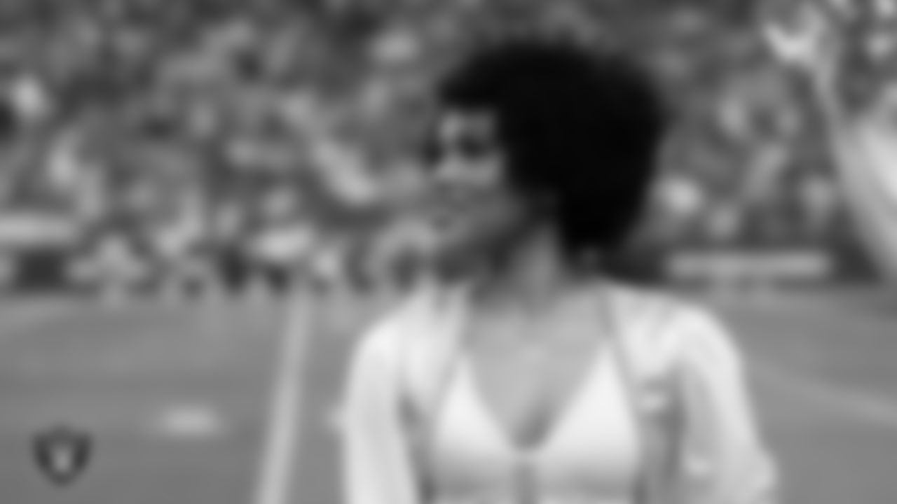 Raiderette Vicky on the sidelines during the regular season home game against the Los Angeles Chargers at Allegiant Stadium.