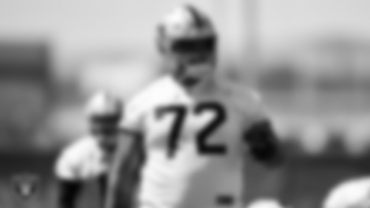 Las Vegas Raiders offensive lineman Jermaine Eluemunor (72) at an Organized Team Activity (OTA).