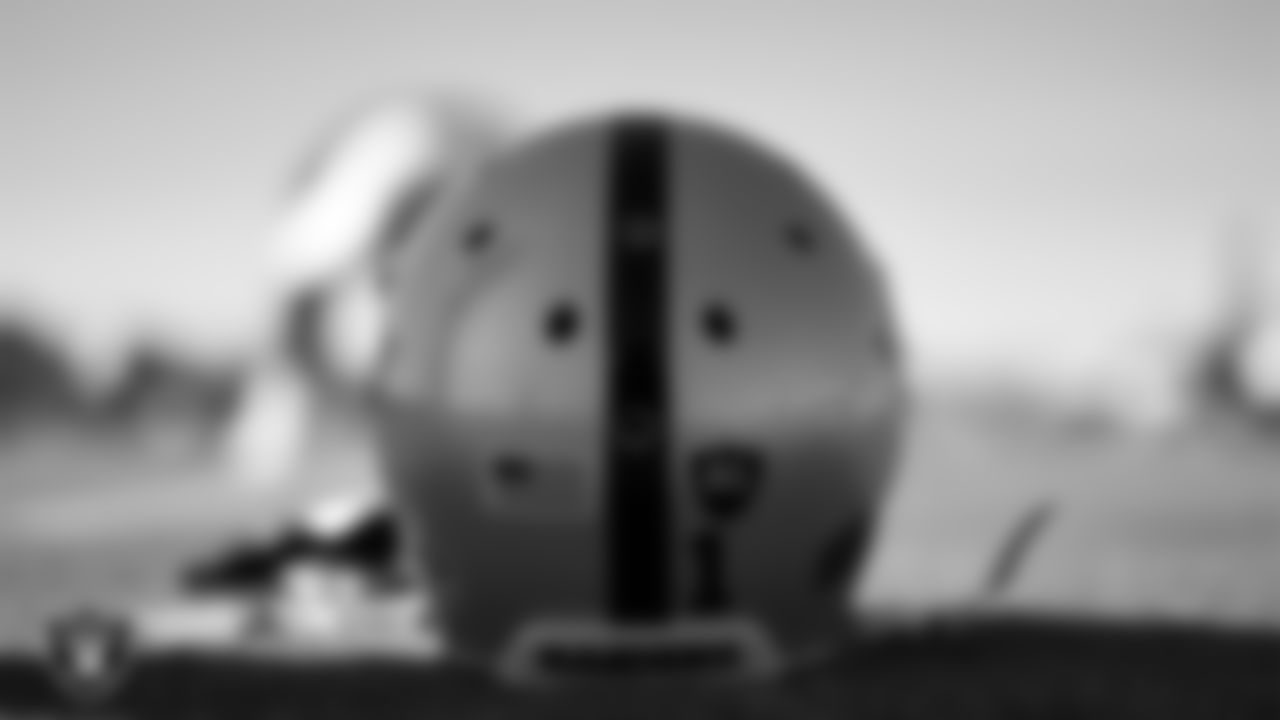Las Vegas Raiders wide receiver DeSean Jackson's (1) helmet during practice at Intermountain Healthcare Performance Center.