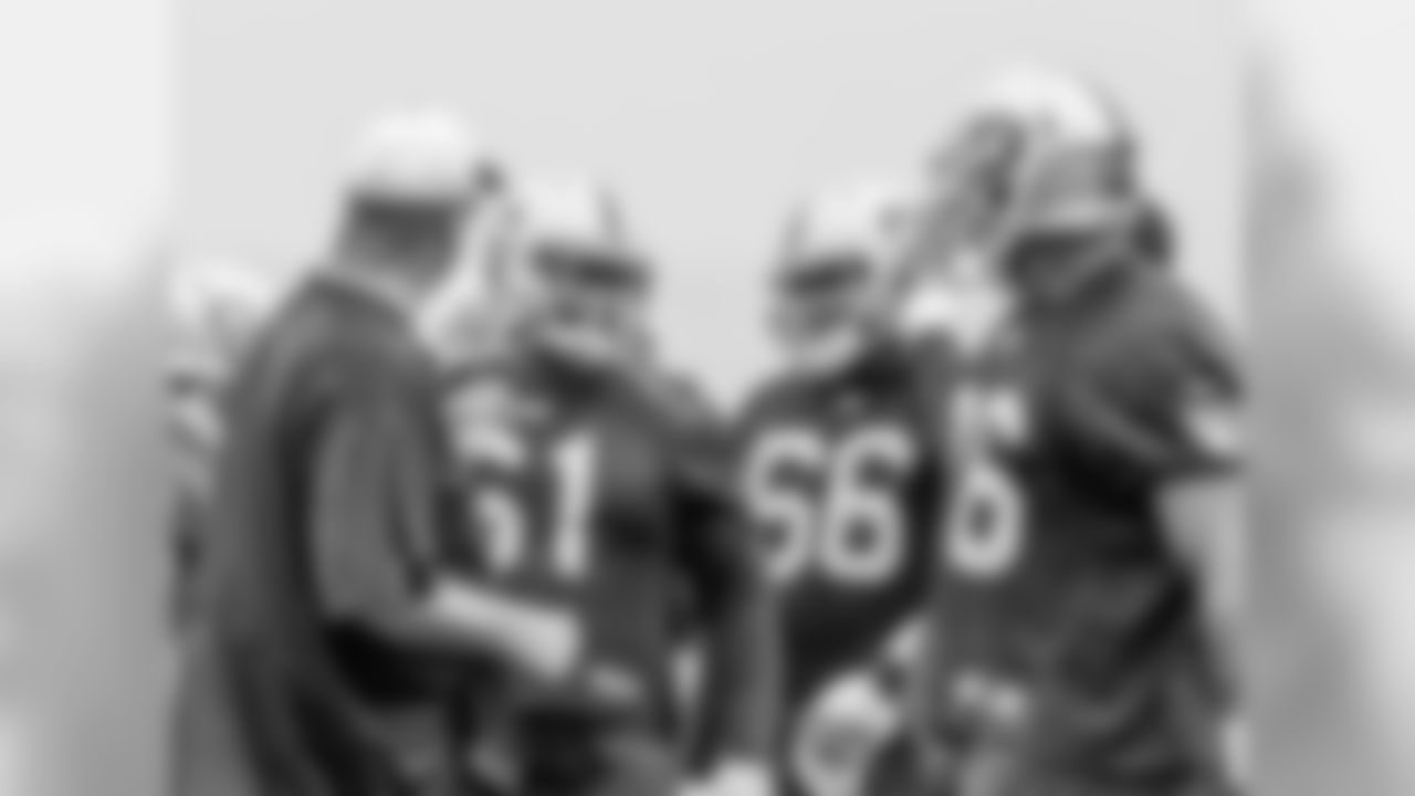 Offensive line coach Mike Tice with C Rodney Hudson, G Gabe Jackson and OL J'Marcus Webb