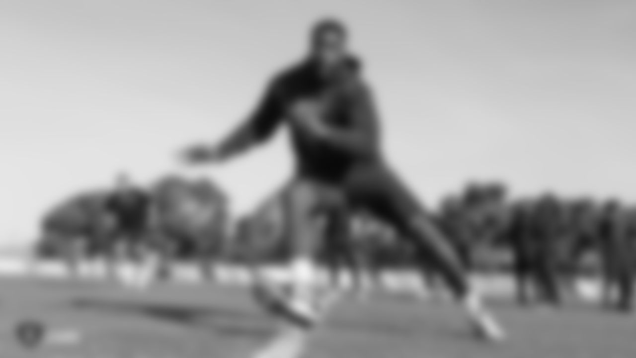 Raiders defensive end Benson Mayowa at a workout during phase one of the offseason program at the Raiders Practice Facility in Alameda, Calif.