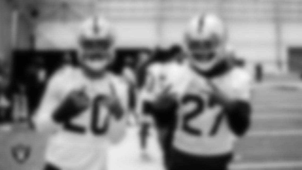 Las Vegas Raiders cornerback Damon Arnette (20) and cornerback Trayvon Mullen (27) during practice.