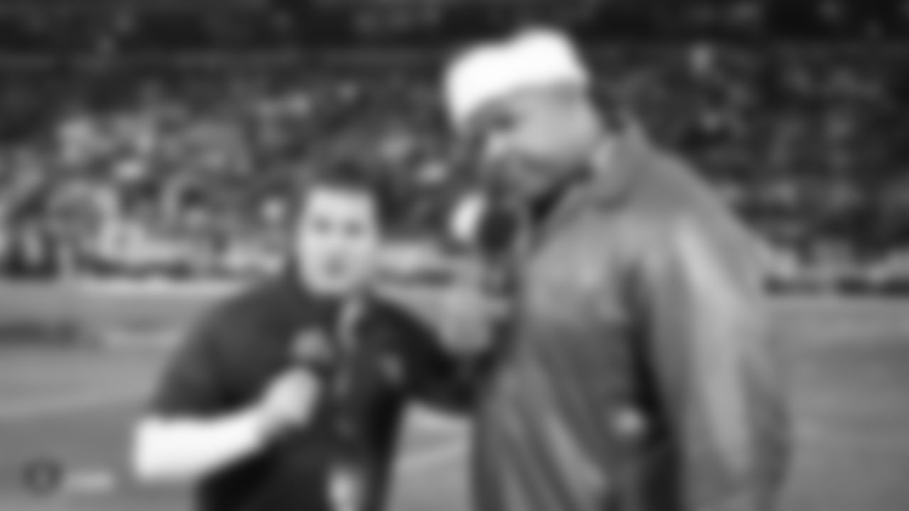Oakland Raiders alumnus and radio broadcaster Lincoln Kennedy, and radio personality Chris Townsend give their Keys to the Game before the Oakland Raiders regular season game against the Denver Broncos at Oakland-Alameda County Coliseum, Monday, December 24, 2018, in Oakland, California. The Oakland Raiders won 27-14.