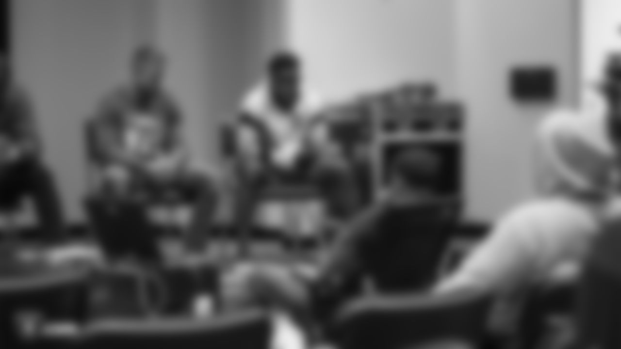 Raiders rookies listen to speakers tight end Darren Waller, tackle Brandon Parker, defensive end Arden Key, safety Dallin Leavitt, and safety Karl Joseph, as part of Rookie Academy, at the the Raiders Practice Facility in Alameda, Calif.