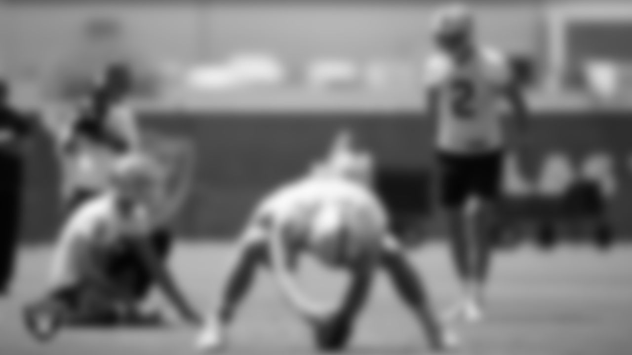 Las Vegas Raiders punter AJ Cole (6) and kicker Daniel Carlson (2) at an Organized Team Activity (OTA).