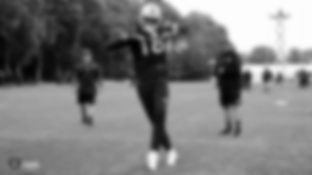 Raiders wide receiver Keelan Doss (18) dances during the weekly dance-off on the field during practice.