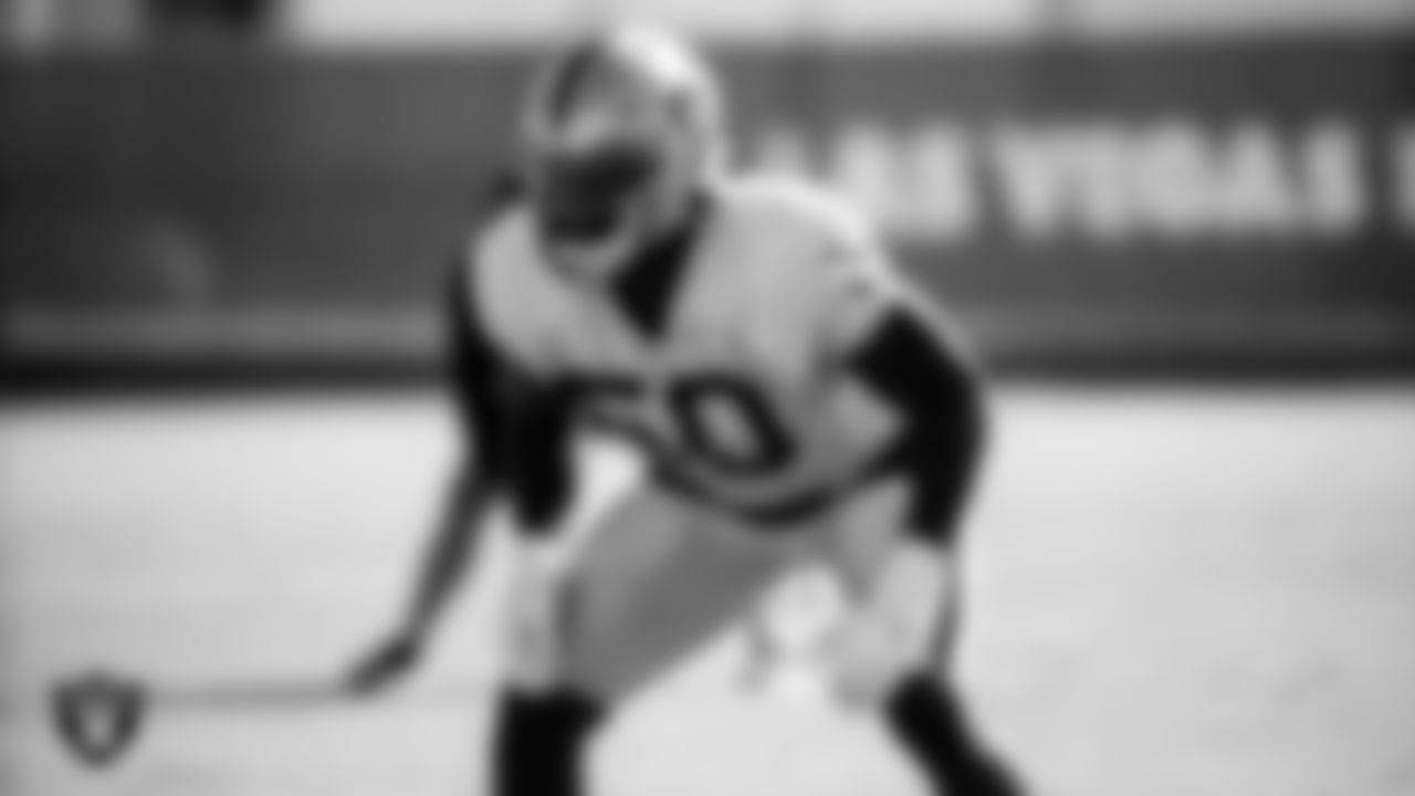 Las Vegas Raiders linebacker Nicholas Morrow (50) during practice.