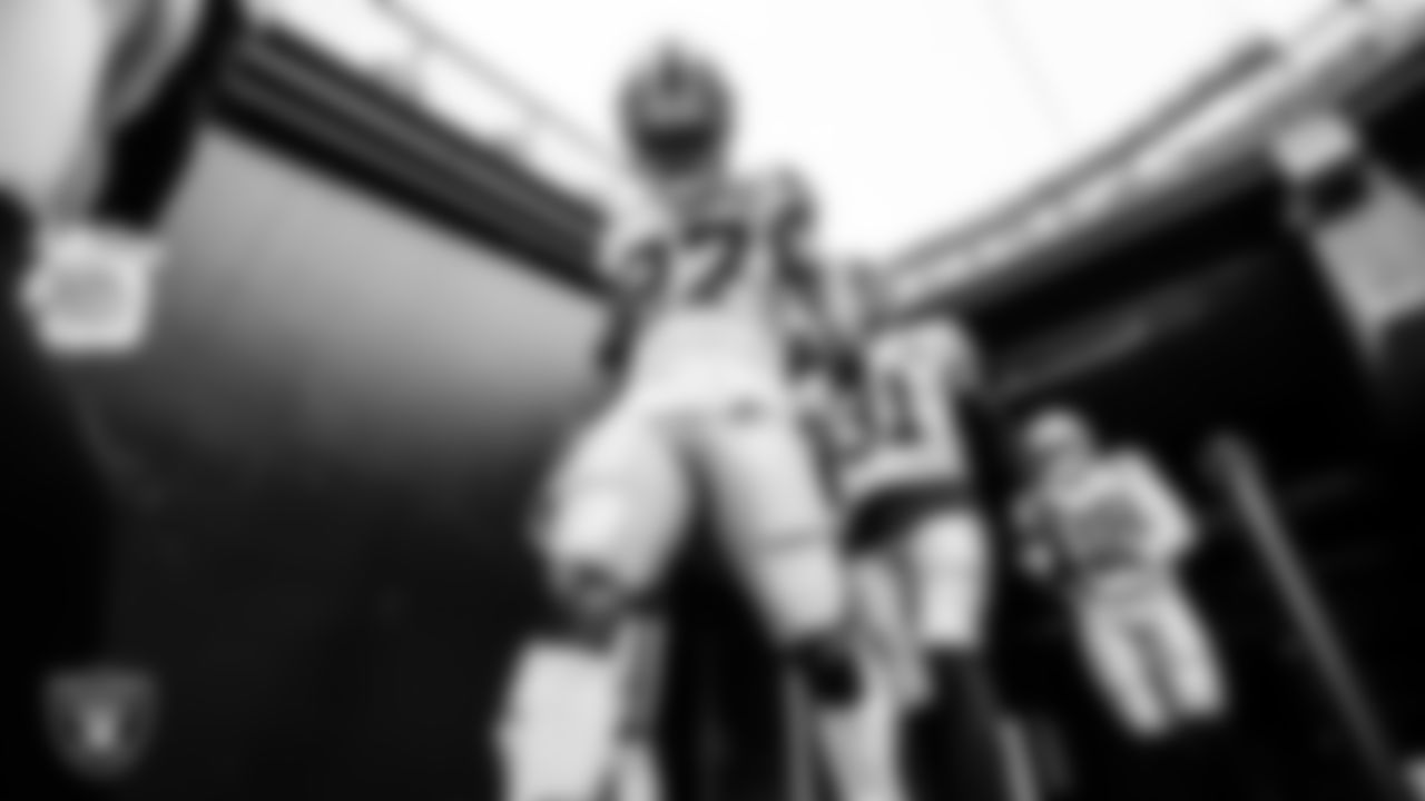 Las Vegas Raiders cornerback Trayvon Mullen (27) walks down the tunnel before the regular season away game against the New England Patriots.