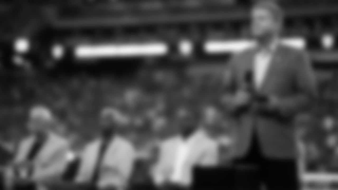 President of the Pro Football Hall of Fame Jim Porter during the presentation of Ken Stabler's Pro Football Hall of Fame Ring of Excellence to his family before the Raiders' regular season home game against the Pittsburgh Steelers at Allegiant Stadium.