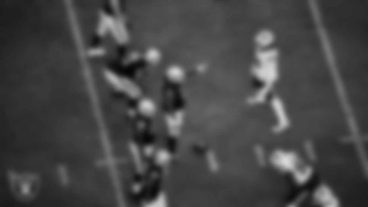 Las Vegas Raiders tackle Kolton Miller (74), tackle Denzelle Good (71), center Rodney Hudson (61), guard Gabe Jackson (66) and tackle Brandon Parker (75) line up before the snap during the regular season home game against the Buffalo Bills.
