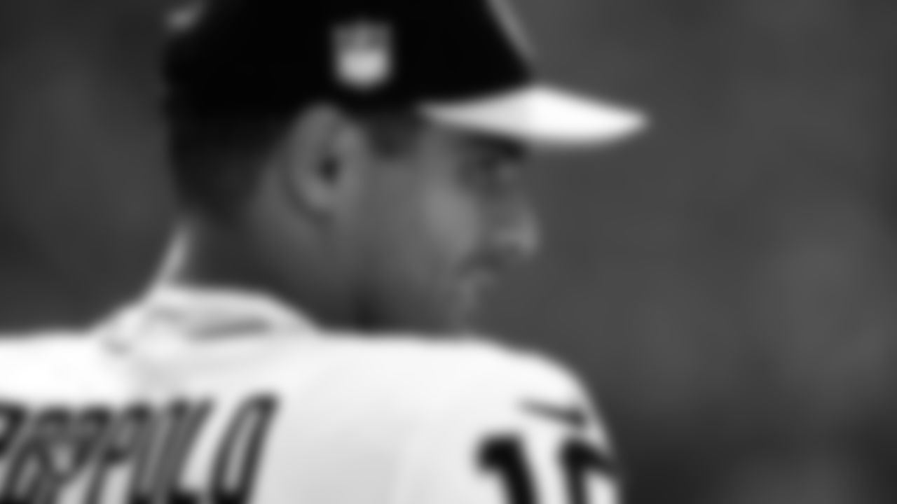 Las Vegas Raiders quarterback Jimmy Garoppolo (10) on the sidelines during the regular season away game against the Buffalo Bills at Highmark Stadium.