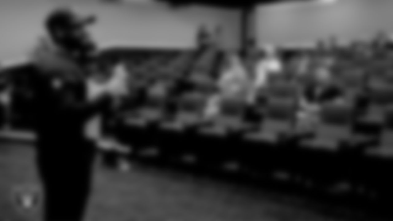 Las Vegas Raiders youth football director Myles Hayes speaks during the Coaches Clinic at Intermountain Healthcare Performance Center.