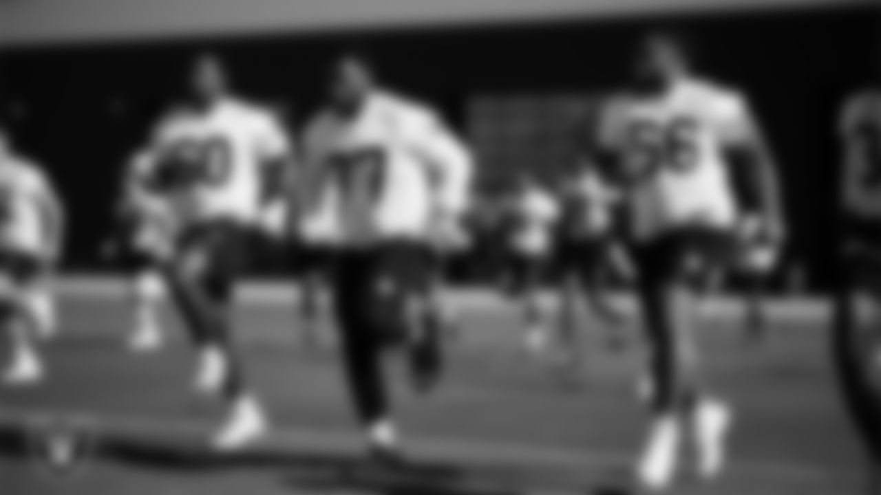 Las Vegas Raiders offensive lineman Tyrone Wheatley Jr. (60), tackle Thayer Munford Jr. (77) and guard Dylan Parham (66) at a workout during phase two of the offseason program.