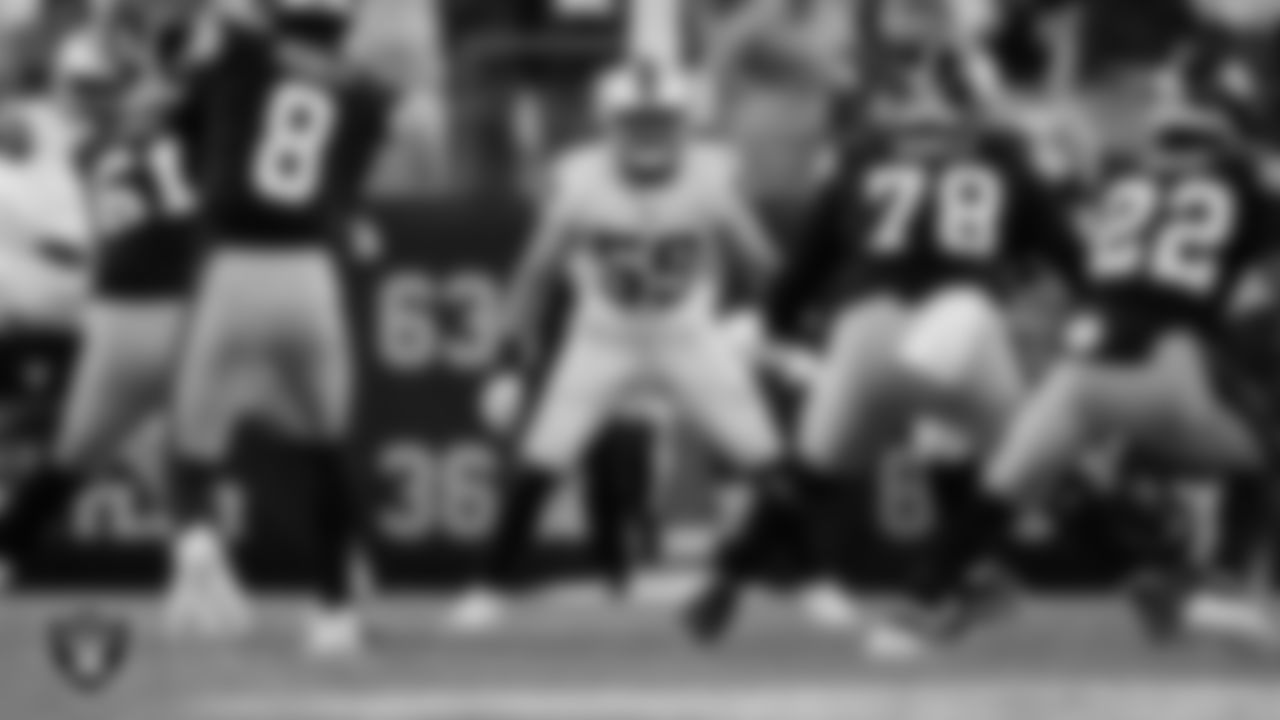 Las Vegas Raiders linebacker Luke Masterson (59) during the regular season away game against the Pittsburgh Steelers at Acrisure Stadium.