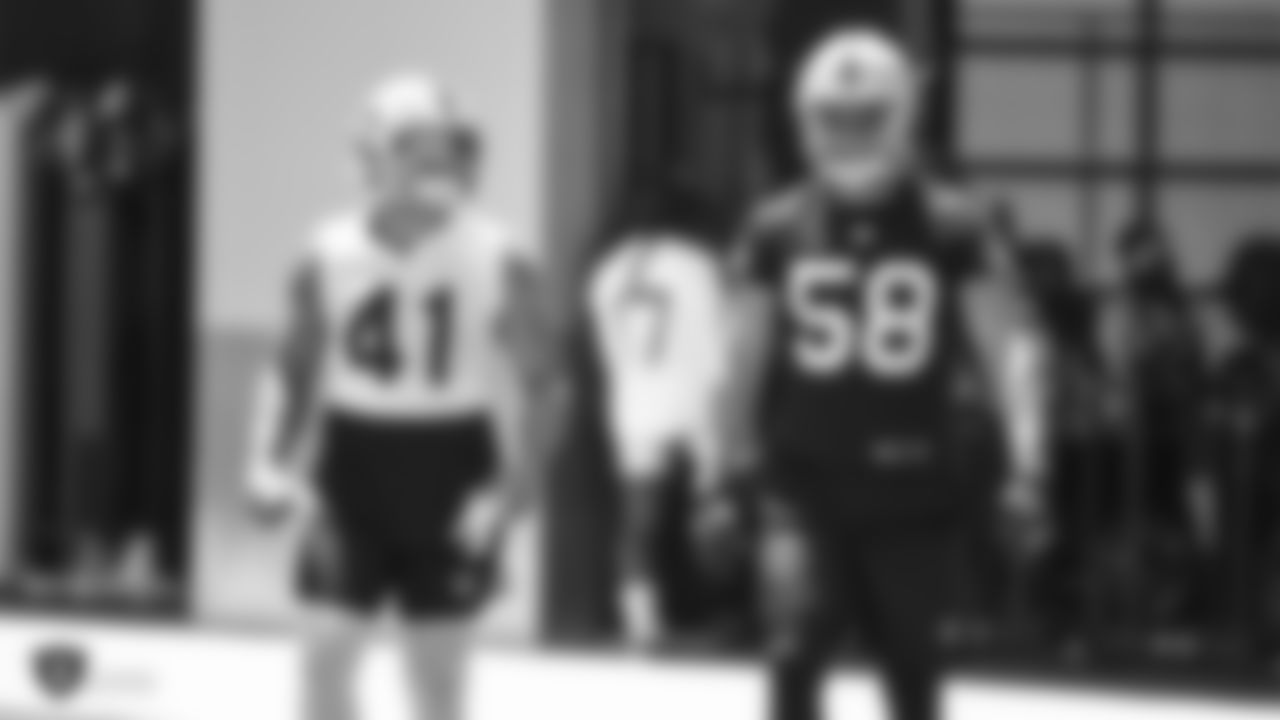 Raiders fullback Keith Smith (41) and linebacker Kyle Wilber (58) at a Mandatory Minicamp at the Raiders Practice Facility in Alameda, Calif.