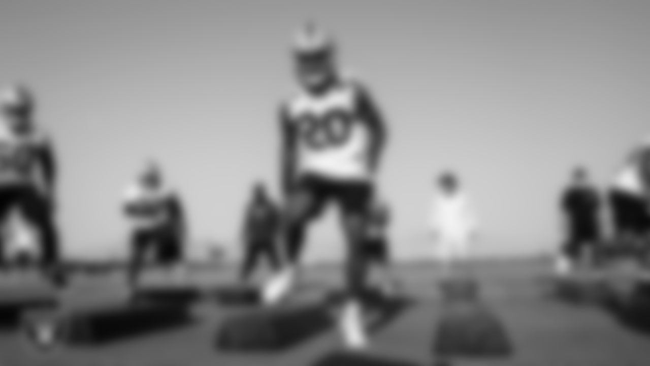 Las Vegas Raiders cornerback Damon Arnette (20) on the field for practice at 2020 Training Camp.