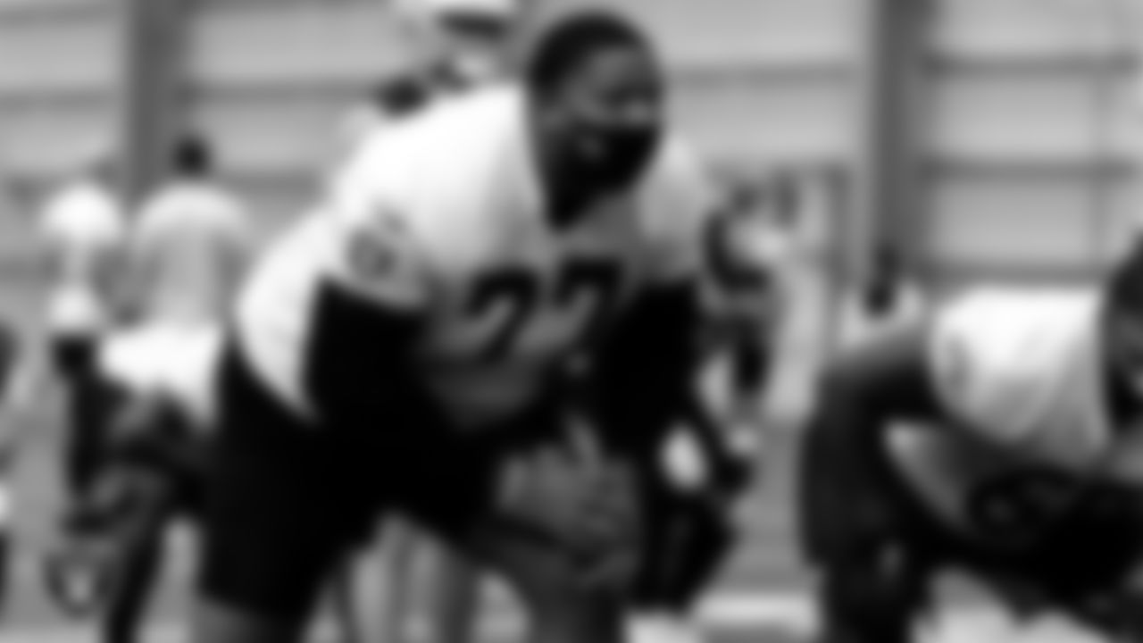 Las Vegas Raiders tackle Trent Brown (77) during practice.
