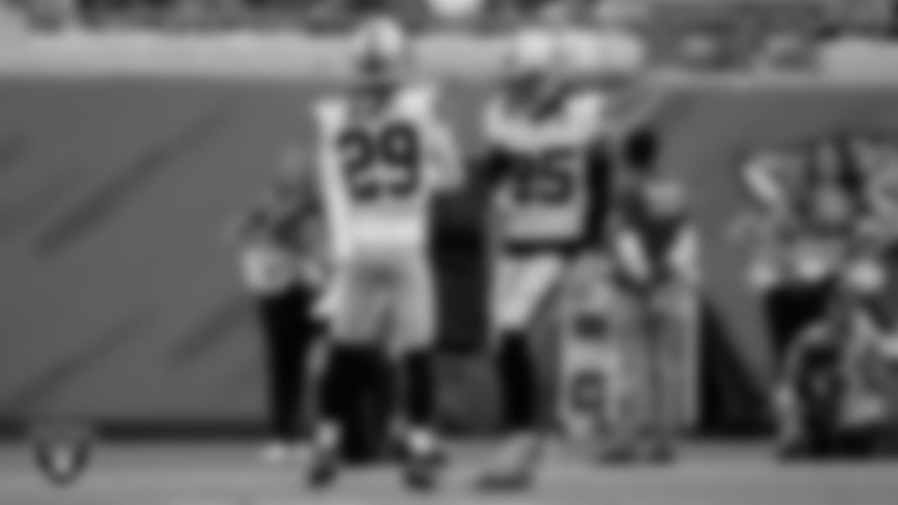 Las Vegas Raiders cornerback Anthony Averett (29) and safety Tre'von Moehrig (25) during the regular season away game against the Jacksonville Jaguars at TIAA Bank Field.