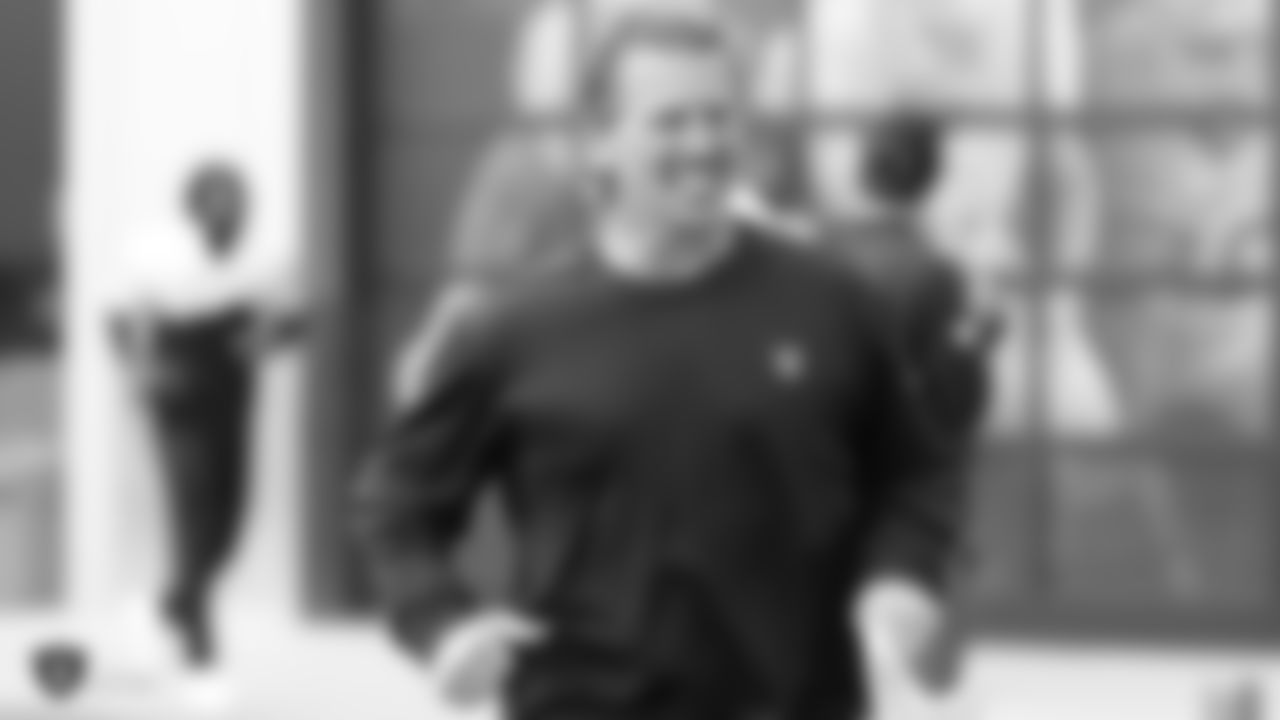 Oakland Raiders offensive coordinator Greg Olson on the field for practice at the Oakland Raiders Practice Facility, Wednesday, October 3, 2018, in Alameda, California.