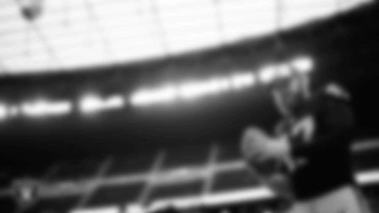 Las Vegas Raiders long snapper Trent Sieg (47) warming up before the regular season home game against the Houston Texans at Allegiant Stadium.