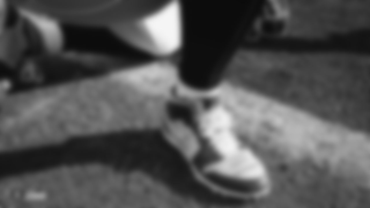 Raiders defensive end Clelin Ferrell (96) warming up in custom cleats for the NFL's My Cause My Cleats campaign before the regular season game against the Tennessee Titans. Clelin Ferrell wears these cleats in support of the Rape, Abuse & Incest National Network.