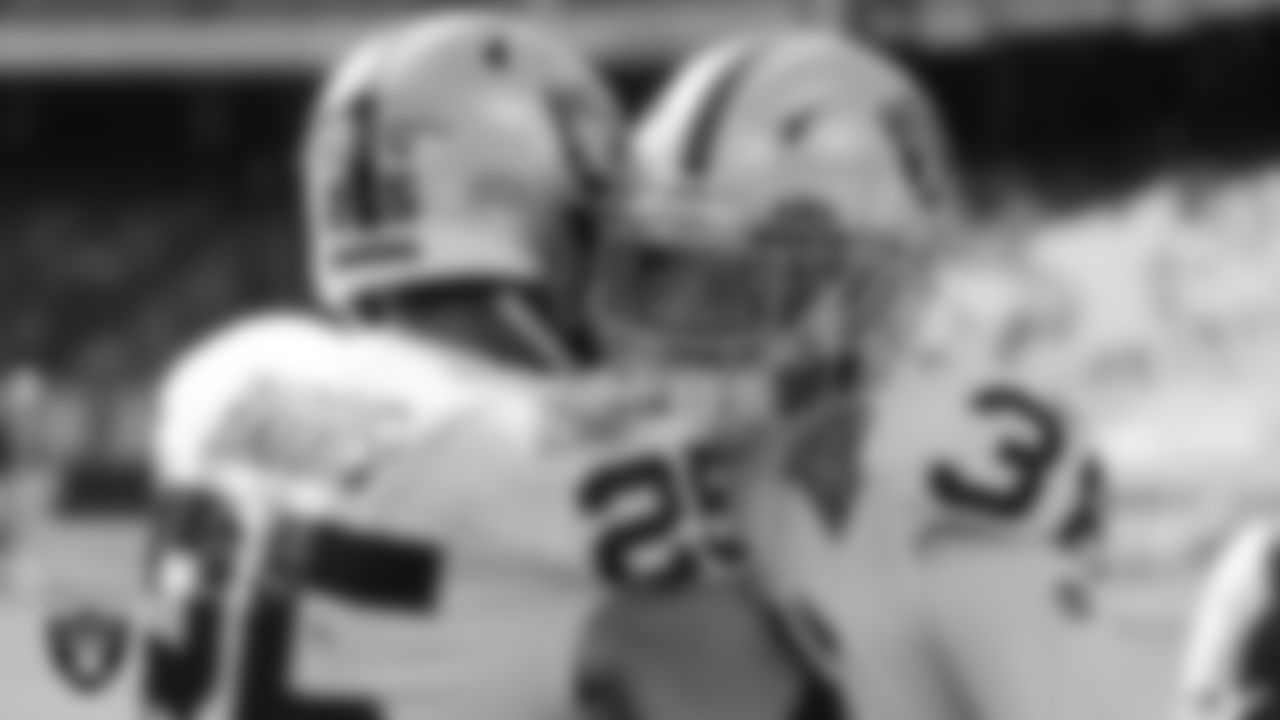 Las Vegas Raiders safety Erik Harris (25) and safety Jeff Heath (38) during the regular season game against the Kansas City Chiefs at Arrowhead Stadium.