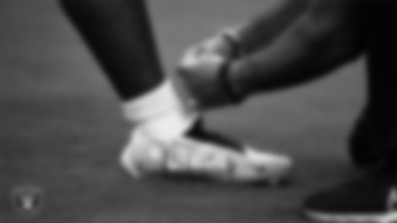 Las Vegas Raiders running back Josh Jacobs' (28) cleats during warm ups before the regular season home game against the Baltimore Ravens.