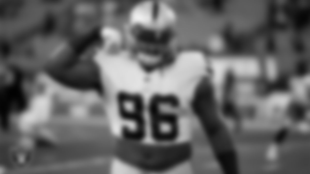 Las Vegas Raiders defensive tackle Darius Philon (96) warming up before the regular season away game against the Cleveland Browns.