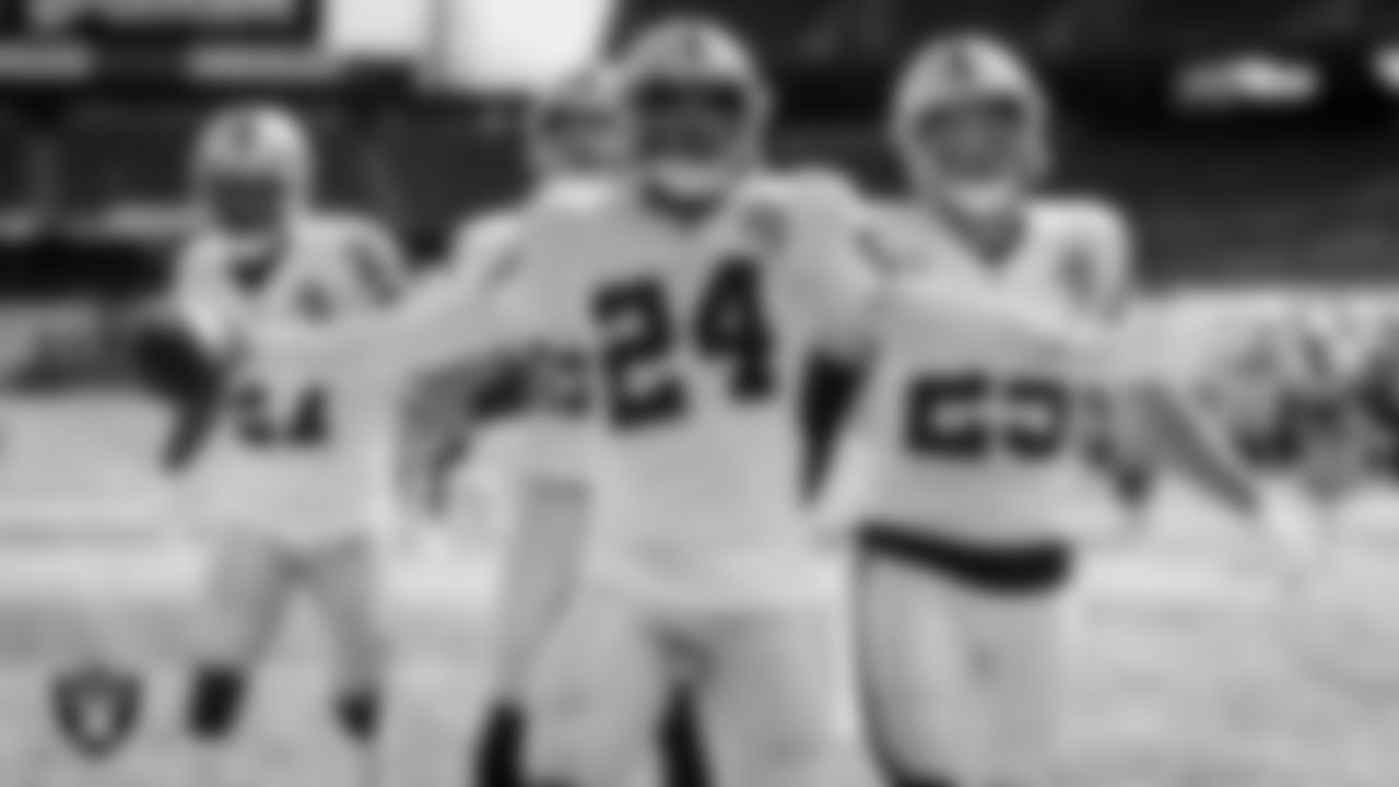 Las Vegas Raiders safety Johnathan Abram (24) celebrates after intercepting a pass during the regular season away game against the New England Patriots.