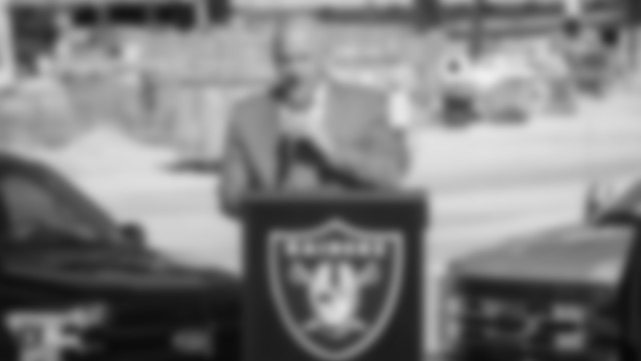 Raiders President Marc Badain speaks at a news conference celebrating Desert Ford Dealers' new partnership with Allegiant Stadium and the Raiders.