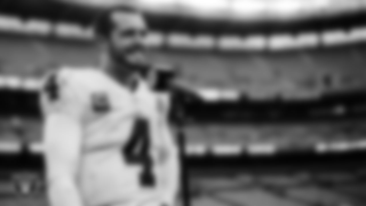 Las Vegas Raiders quarterback Derek Carr (4) on the field after the regular season away game against the Cleveland Browns.
