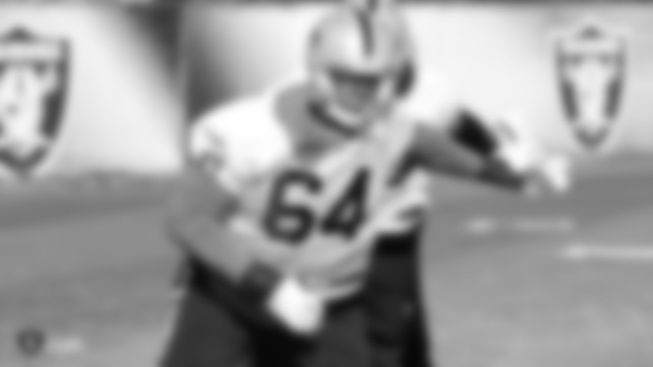 Oakland Raiders tackle Jamar McGloster (64) on the field for practice at the Oakland Raiders Practice Facility, Wednesday, December 12, 2018, in Alameda, California.
