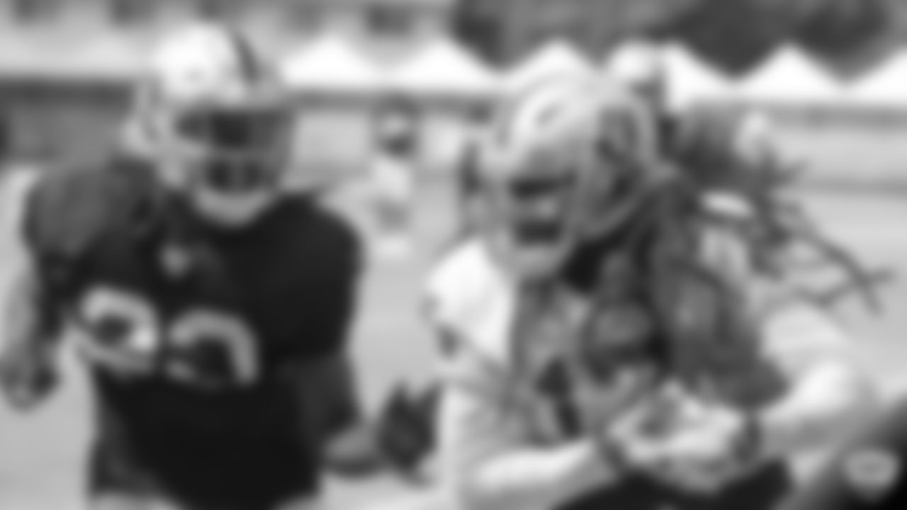 Raiders cornerback Nick Nelson (23) and wide receiver/return specialist Dwayne Harris (17) on the field for practice at 2019 Training Camp.