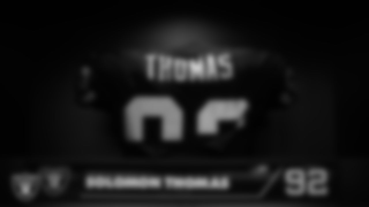 Las Vegas Raiders defensive tackle Solomon Thomas' (92) pads in the locker room prior to the Las Vegas Raiders' arrival for their regular season home game against the Los Angeles Chargers.