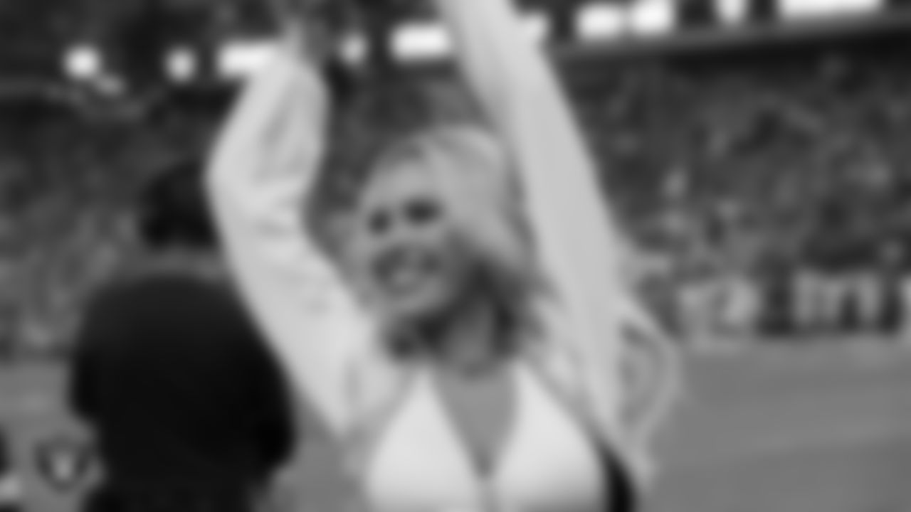 Raiderette Kelly on the sidelines before the regular season home game against the San Francisco 49ers at Allegiant Stadium.