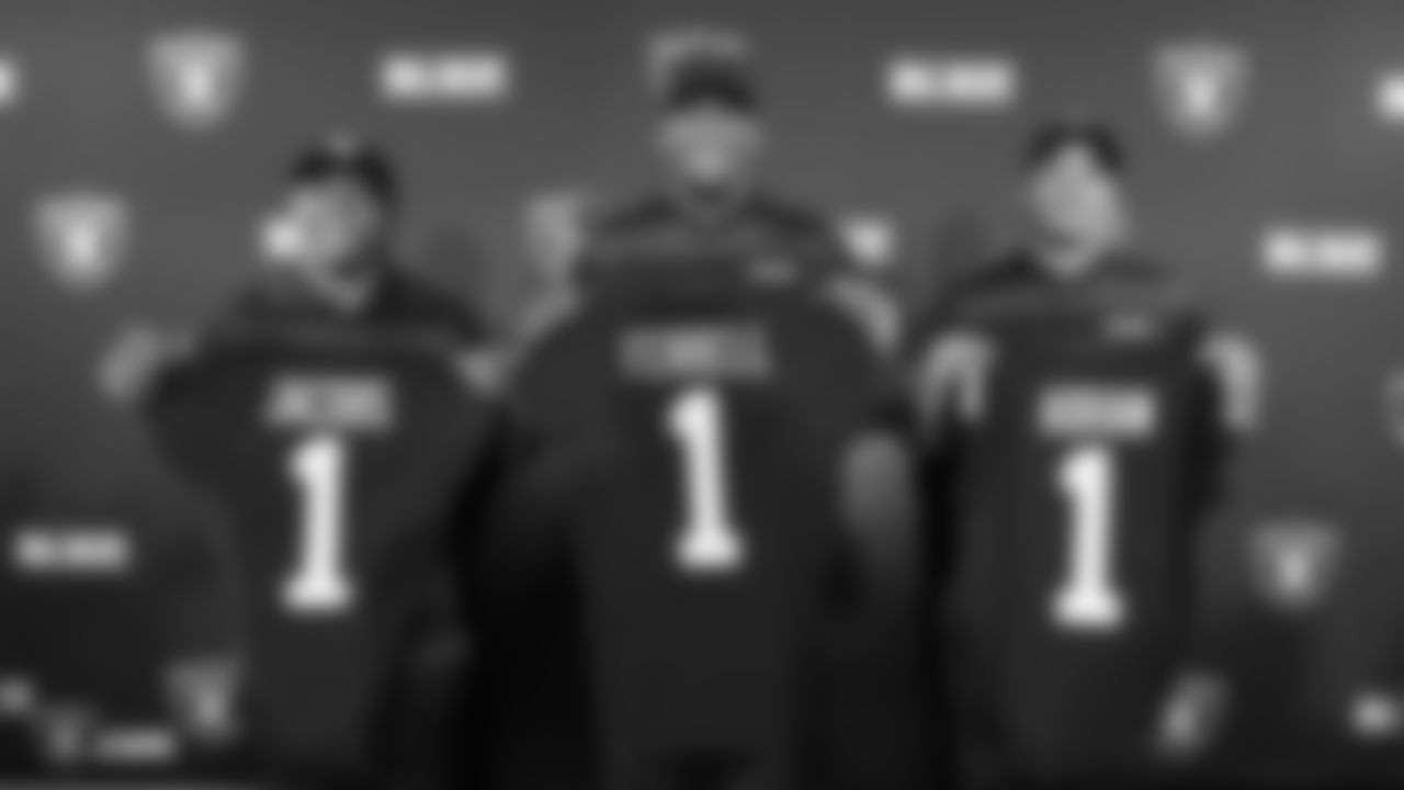 Raiders 1st round draft picks defensive end Clelin Ferrell, running back Josh Jacobs, and safety Johnathan Abram at a press conference following their selection in the 2019 NFL Draft at the Raiders Practice Facility in Alameda, Calif.