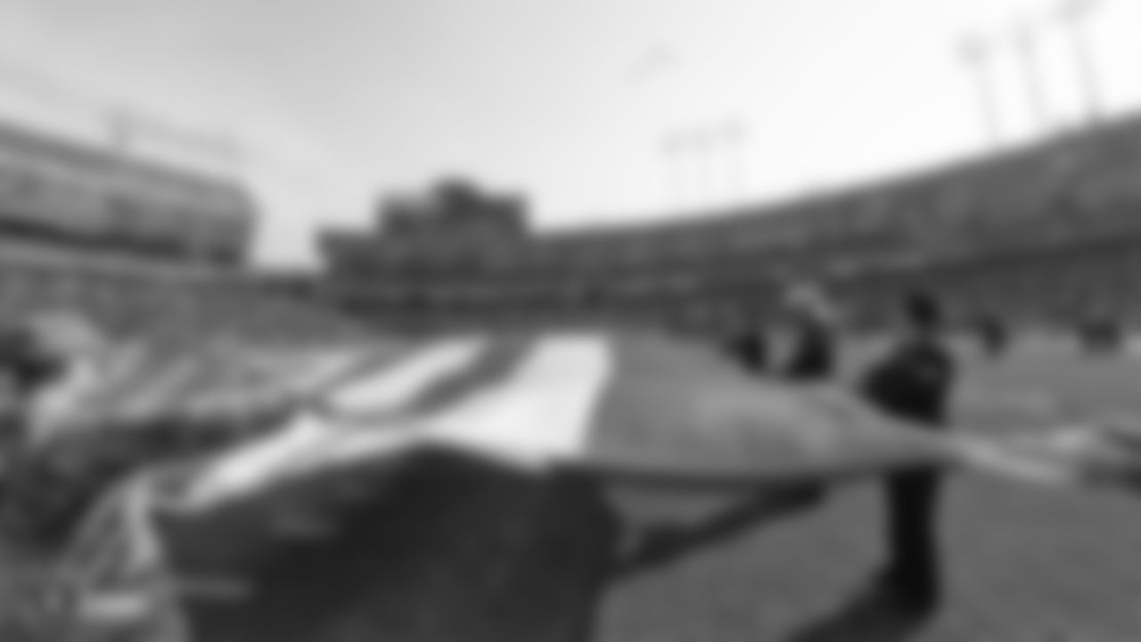 The American flag is displayed by all five branches of military on the field during the national anthem before the Oakland Raiders regular season game against the Los Angeles Chargers at Oakland-Alameda County Coliseum, Sunday, November 11, 2018, in Oakland, California The Oakland Raiders lost 20-6.