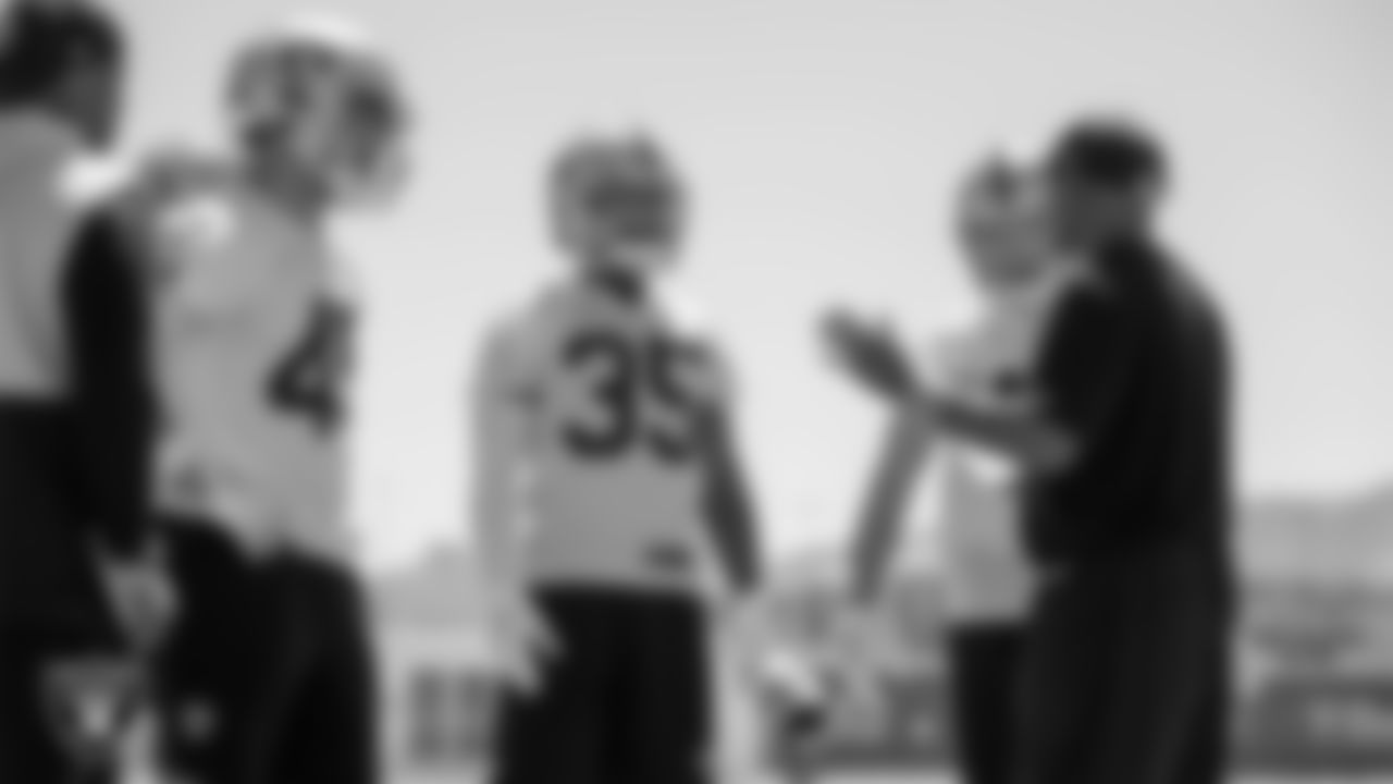 Las Vegas Raiders fullback Alec Ingold (45), running back Theo Riddick (35), running back Garrett Groshek (46) and running backs coach Kirby Wilson at an Organized Team Activity (OTA).