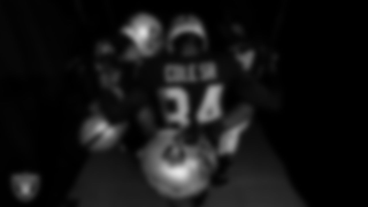 The Las Vegas Raiders returners huddle in the tunnel before the regular season home game against the Los Angeles Chargers at Allegiant Stadium.
