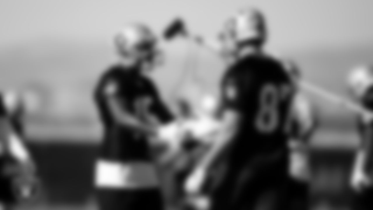 Las Vegas Raiders wide receiver Nelson Agholor (15) and tight end Foster Moreau (87) on the field for practice at 2020 Training Camp.